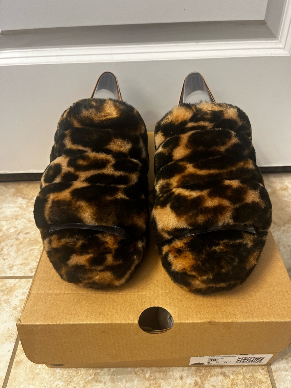 UGG Faux Fur Leopard Print Slide Sandals